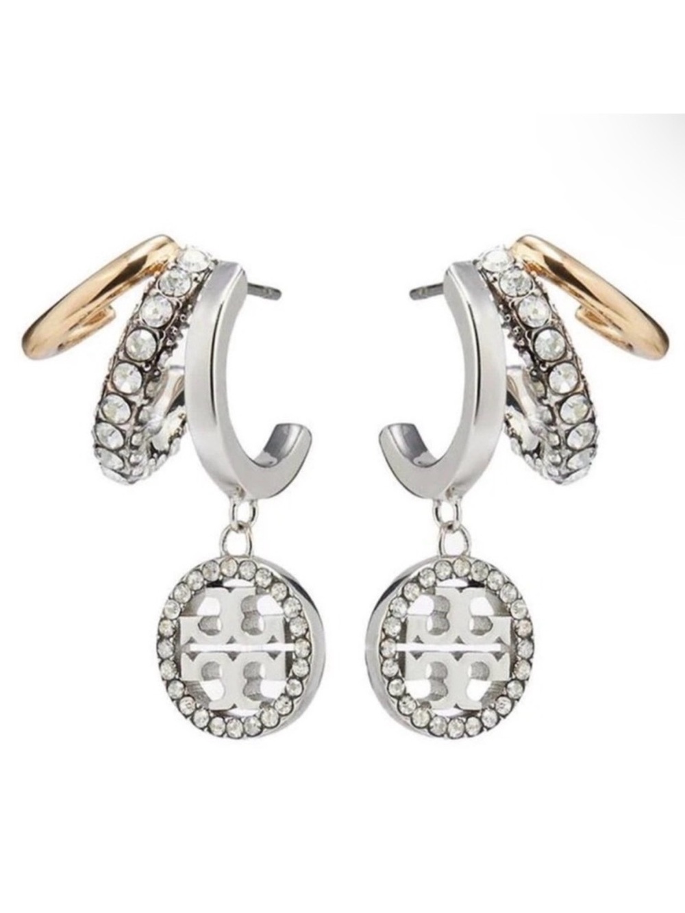 Tory Burch Silver and Gold Crystal Logo Drop Earrings